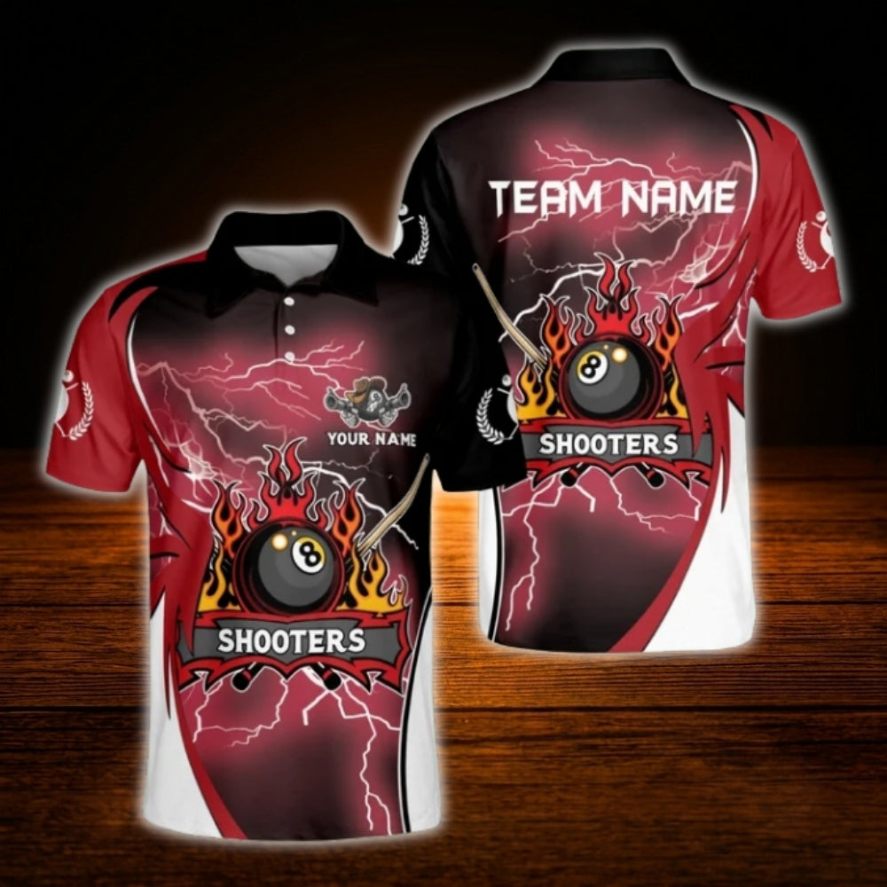 Custom Flaming Red Billiard Polo Shirt Men, Custom Flame Billiard Shirts For Team