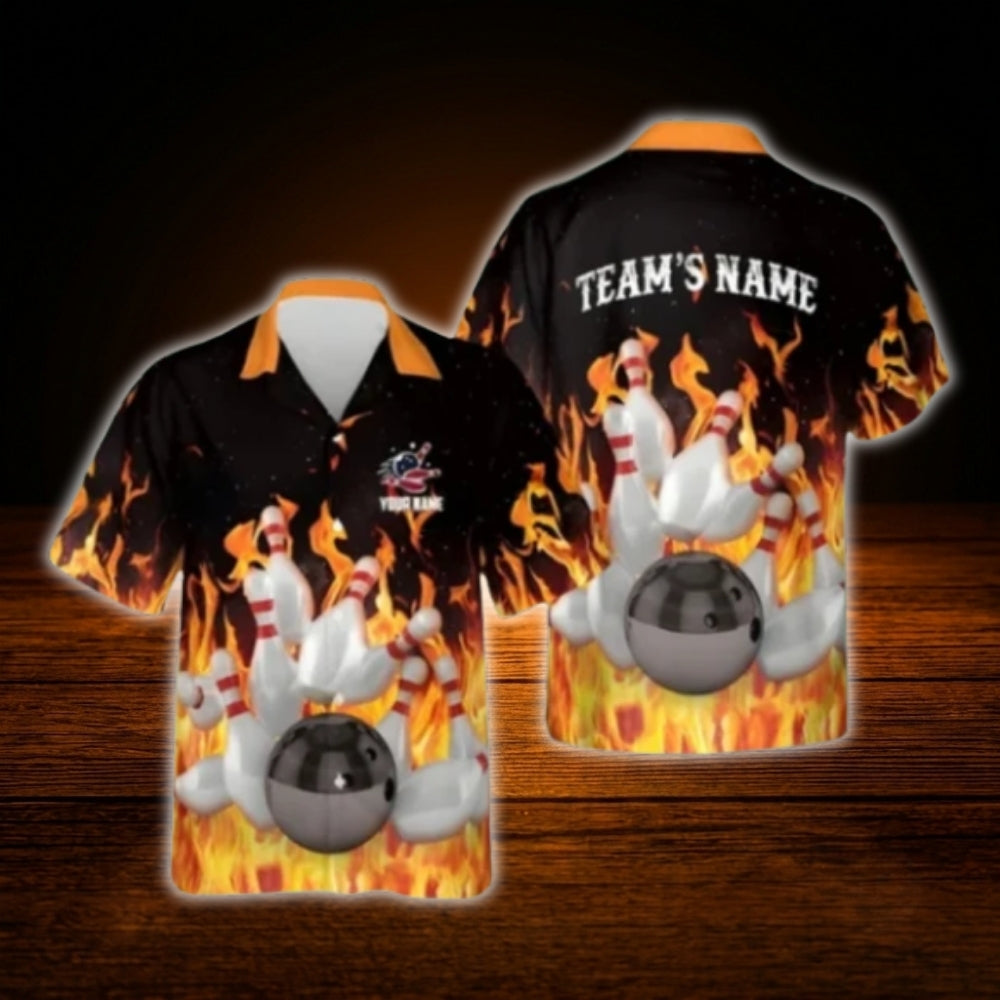 Custom Flame Bowling Hawaiian Shirt For Men, Custom Flame Bowling Team Shirt