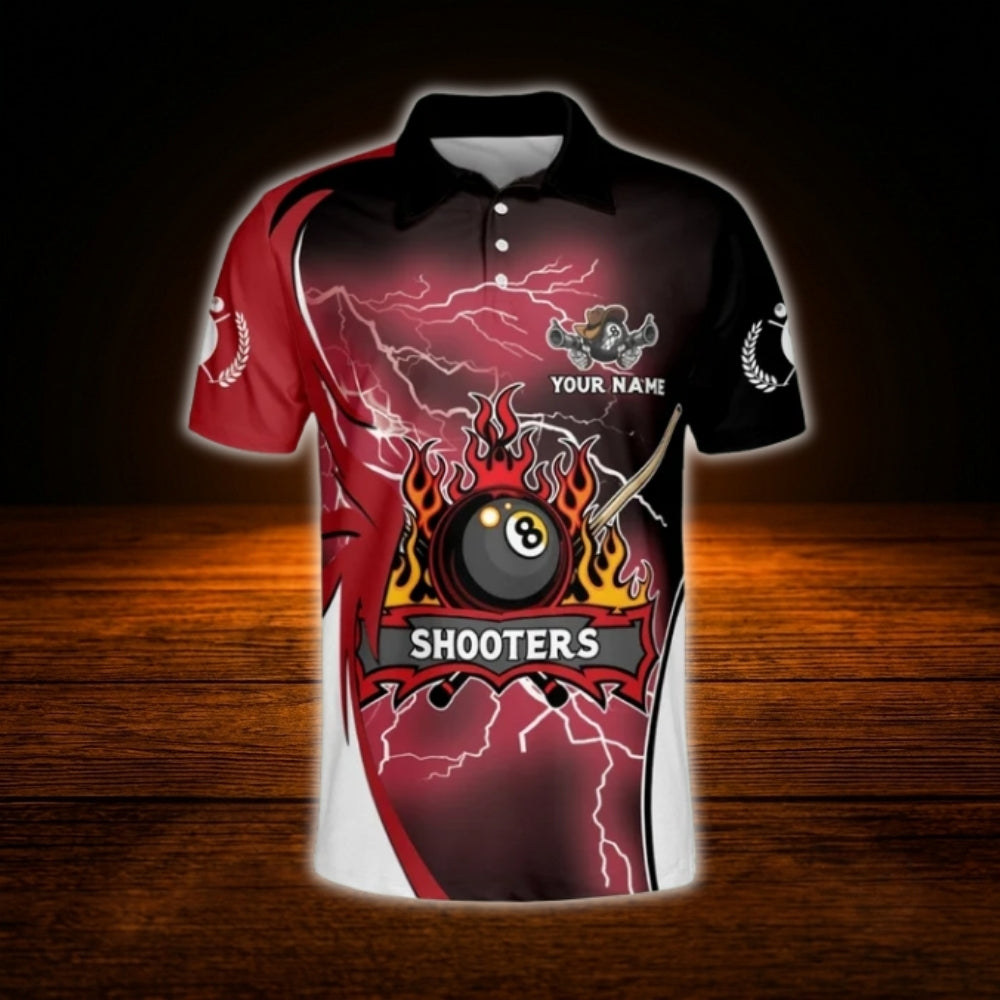 Custom Flaming Red Billiard Polo Shirt Men, Custom Flame Billiard Shirts For Team