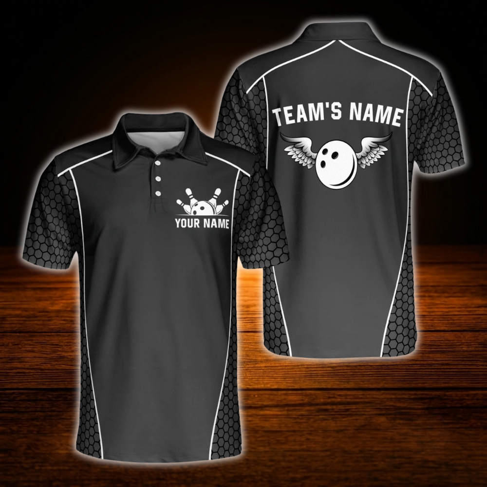 Custom Team Navy Black Bowling Polo Shirt, Custom Mens Bowling Shirt