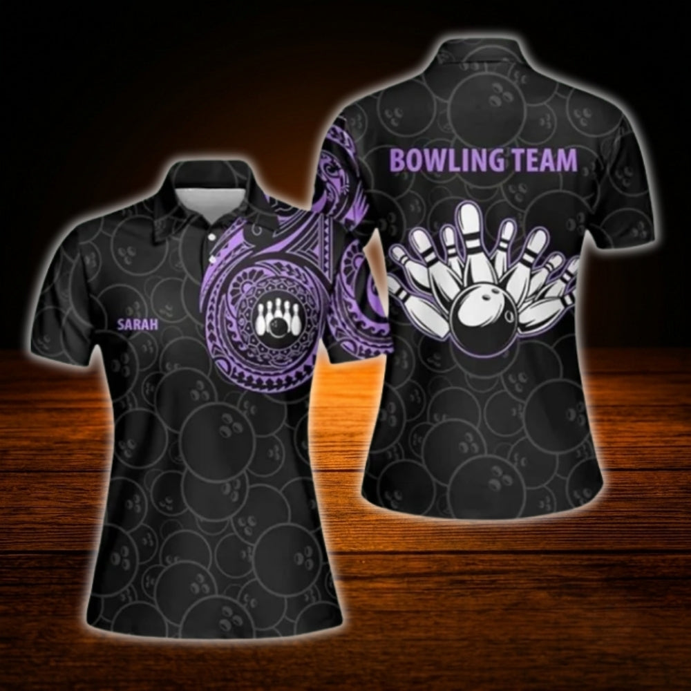 Women's Custom Tribal Pink Black Bowling Polo Shirt, Personalized Tribal Team Ladies Bowling Shirt