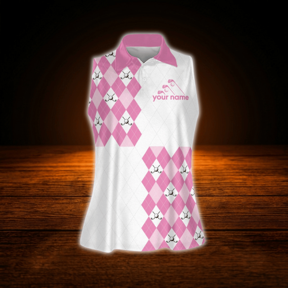 Custom Pink Argyle  Women's Sleeveless Golf Shirt, Custom Argyle Golf Shirt For Women