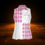 Custom Pink Argyle  Women's Sleeveless Golf Shirt, Custom Argyle Golf Shirt For Women