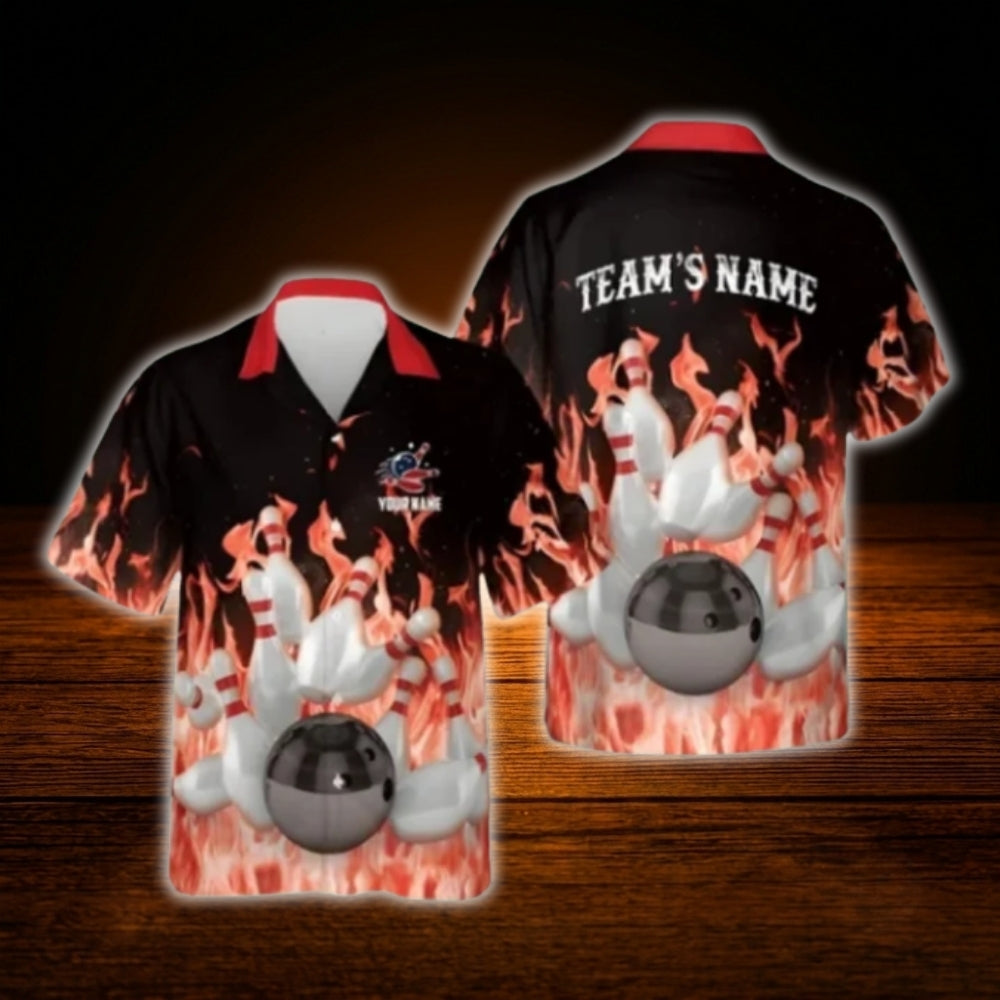 Custom Flame Bowling Hawaiian Shirt For Men, Custom Flame Bowling Team Shirt