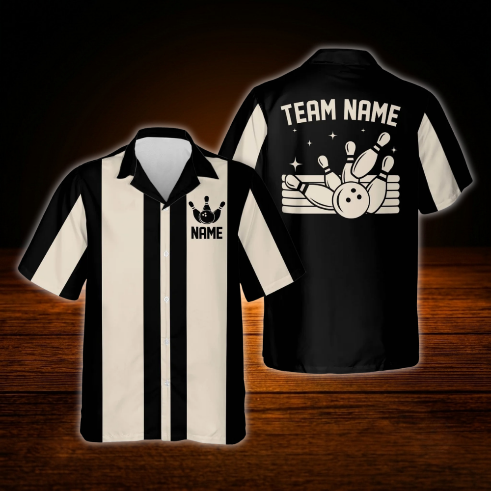 Custom Black Beige Vintage Bowling Hawaiian Shirt, Custom Bowling Team Shirt Vintage