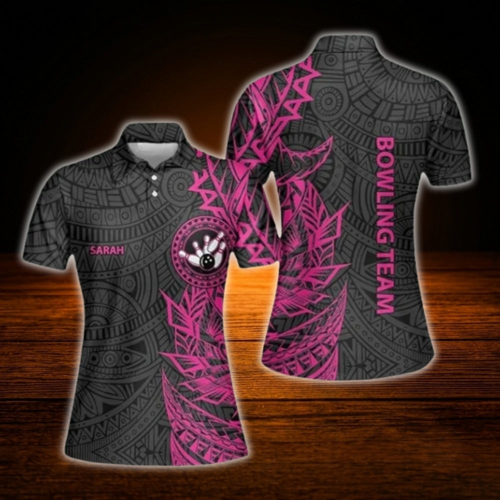 Custom Tribal Womens Black Pink Bowling Polo Shirt, Custom Tribal Bowling Team Shirt Women