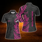 Custom Tribal Womens Black Pink Bowling Polo Shirt, Custom Tribal Bowling Team Shirt Women