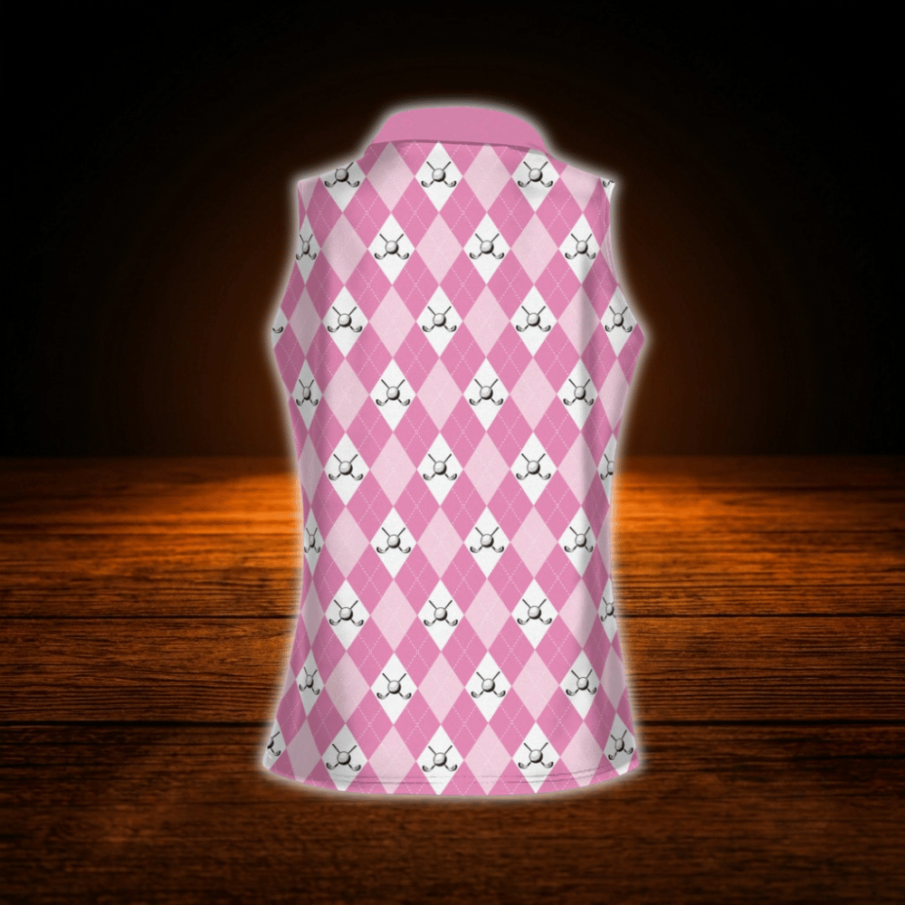 Custom Pink Argyle  Women's Sleeveless Golf Shirt, Custom Argyle Golf Shirt For Women