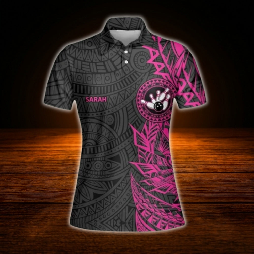 Custom Tribal Womens Black Pink Bowling Polo Shirt, Custom Tribal Bowling Team Shirt Women