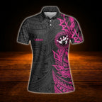 Custom Tribal Womens Black Pink Bowling Polo Shirt, Custom Tribal Bowling Team Shirt Women
