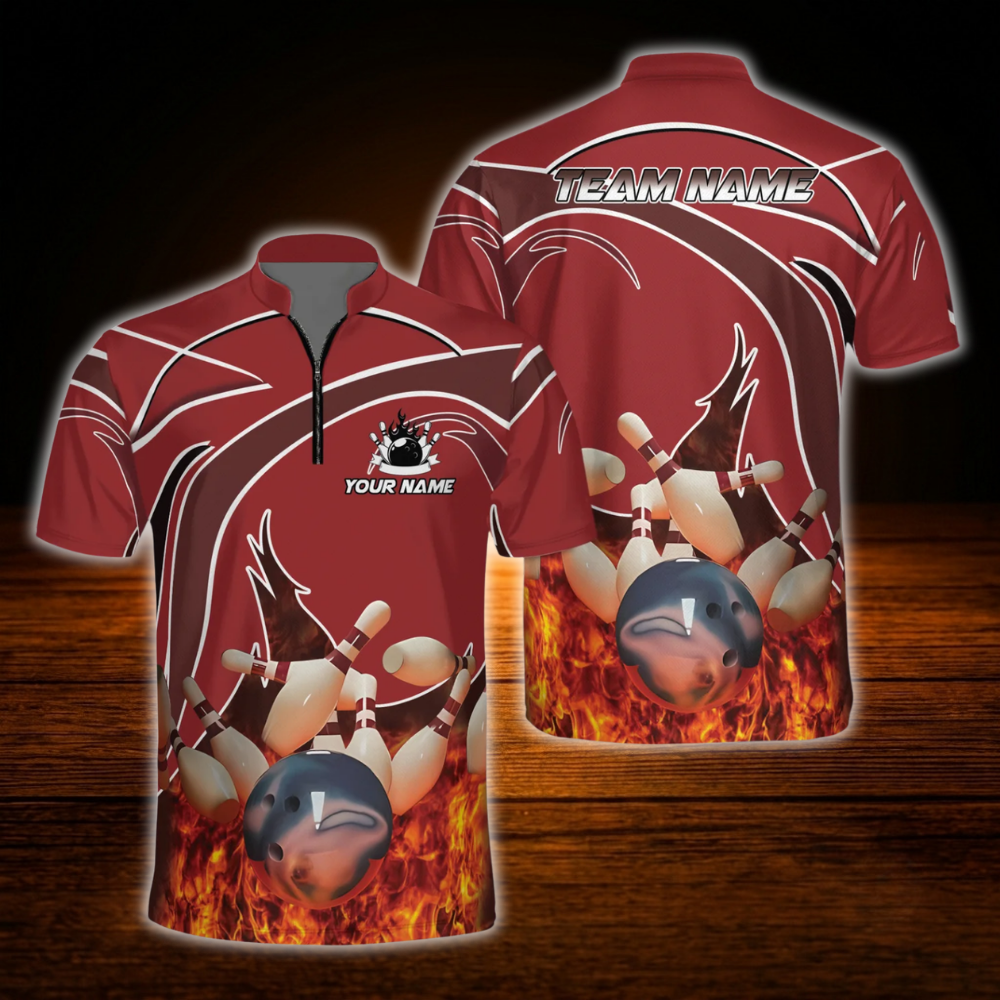 Custom Flame Red Bowling Jersey For Men, Custom Flame Bowling Team Shirt