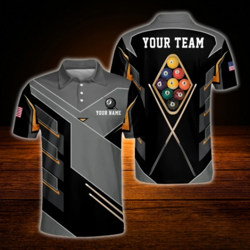 Custom Team 9 Ball Billiard Men Polo Shirt, Blak And Grey Custom Billiard Shirts