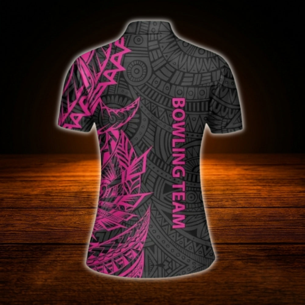 Custom Tribal Womens Black Pink Bowling Polo Shirt, Custom Tribal Bowling Team Shirt Women
