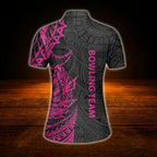 Custom Tribal Womens Black Pink Bowling Polo Shirt, Custom Tribal Bowling Team Shirt Women