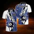 Custom Flaming 8 Ball Men's Billiard Polo Shirt Blue And White, Custom Team Flame Billiard Shirt