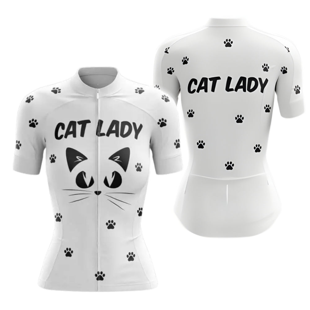 Women's Cat Lady White Cycling Short Sleeve Jersey, Cat Cycling Jerseys Ladies CZ0098