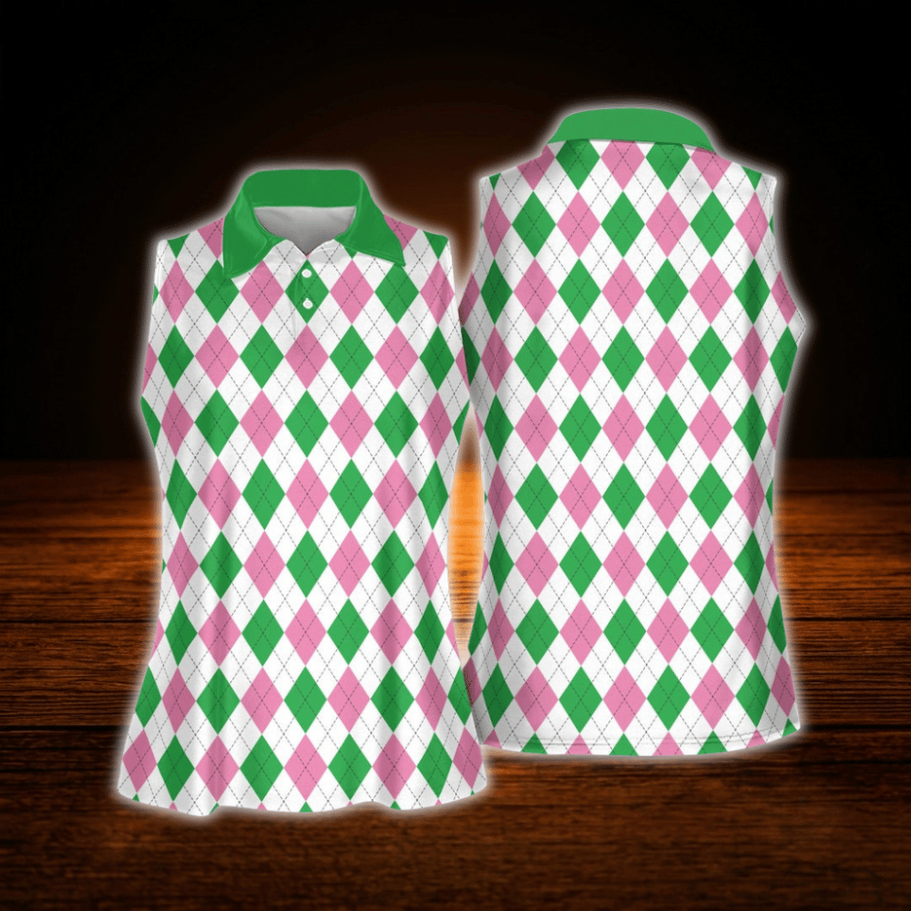 Women's Pink Argyle  Sleeveless Golf Shirt, Argyle Golf Shirt For Women