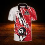 Custom Flaming 8 Ball Men's Billiard Polo Shirt Blue And White, Custom Team Flame Billiard Shirt