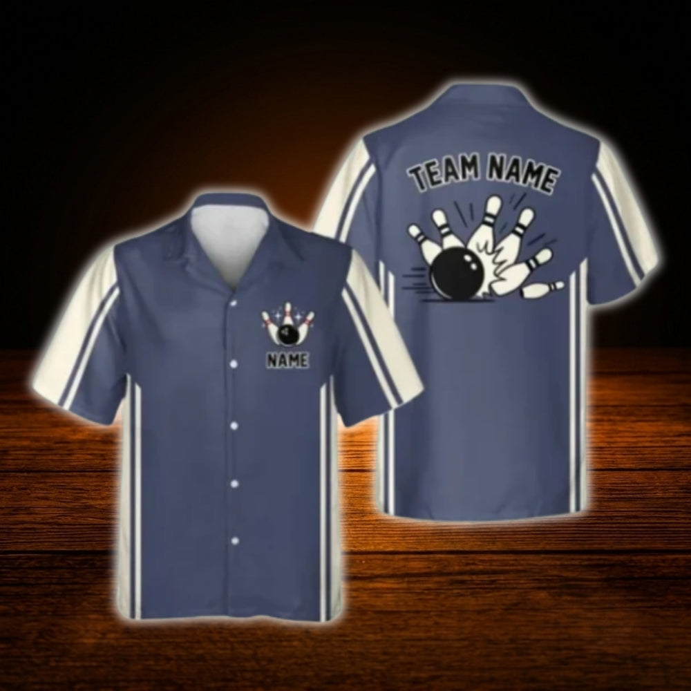 Custom Vintage Blue Bowling Hawaiian Shirt Men, Custom Team Vintage Bowling Shirt