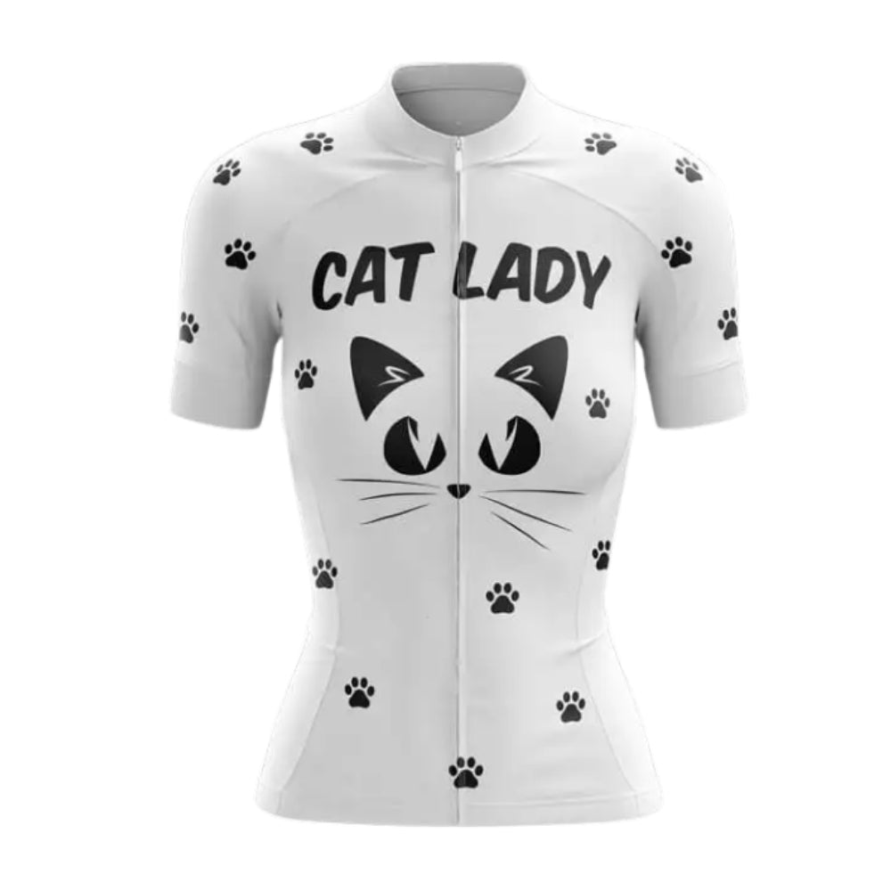 Women's Cat Lady White Cycling Short Sleeve Jersey, Cat Cycling Jerseys Ladies CZ0098