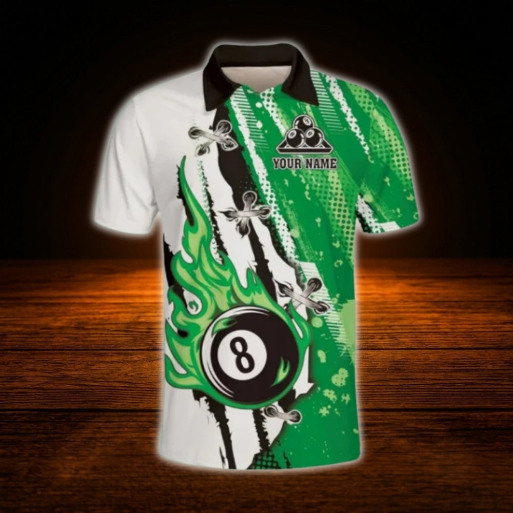 Custom Flaming 8 Ball Men's Billiard Polo Shirt Blue And White, Custom Team Flame Billiard Shirt