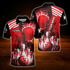 Custom Red Flaming Ball Men's Bowling Polo Shirt, Custom Fire Team Bowling Shirt