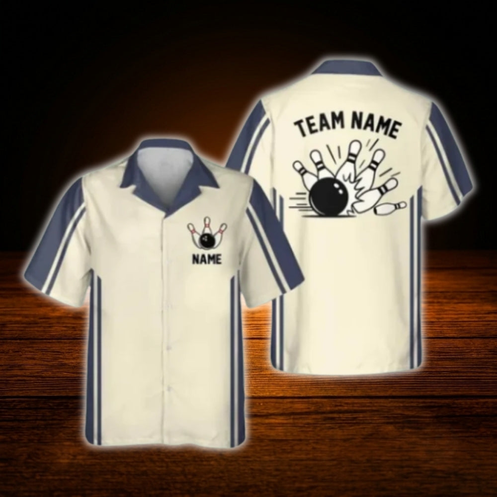 Custom Vintage Blue Bowling Hawaiian Shirt Men, Custom Team Vintage Bowling Shirt