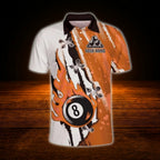 Custom Flaming 8 Ball Men's Billiard Polo Shirt Blue And White, Custom Team Flame Billiard Shirt