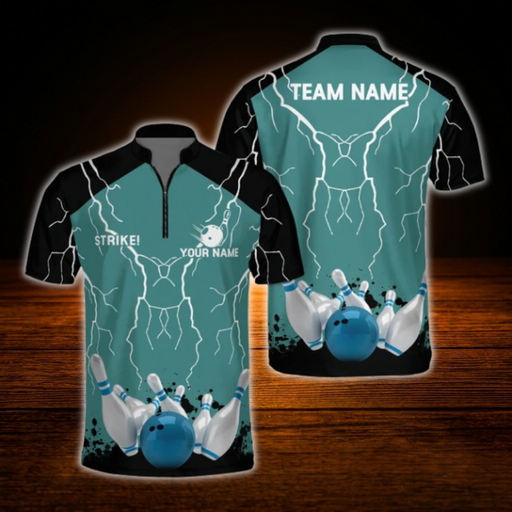 Custom Thunder Cyan Bowling Jersey For Men, Custom Thunder Bowling Team Shirt