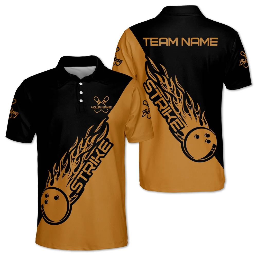 Custom Blue Flame Strike Bowling Polo Shirts For Men, Custom Flame Bowling Team Shirts