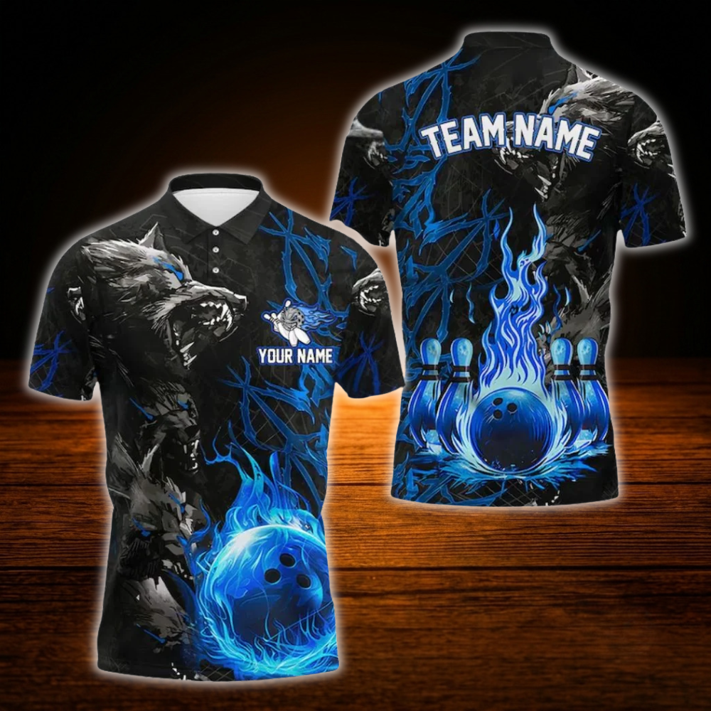 Custom Wolf Blue Flame Ball Bowling Polo Shirts Mens, Custom Wolf Bowling Team Shirts