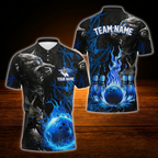 Custom Wolf Blue Flame Ball Bowling Polo Shirts Mens, Custom Wolf Bowling Team Shirts