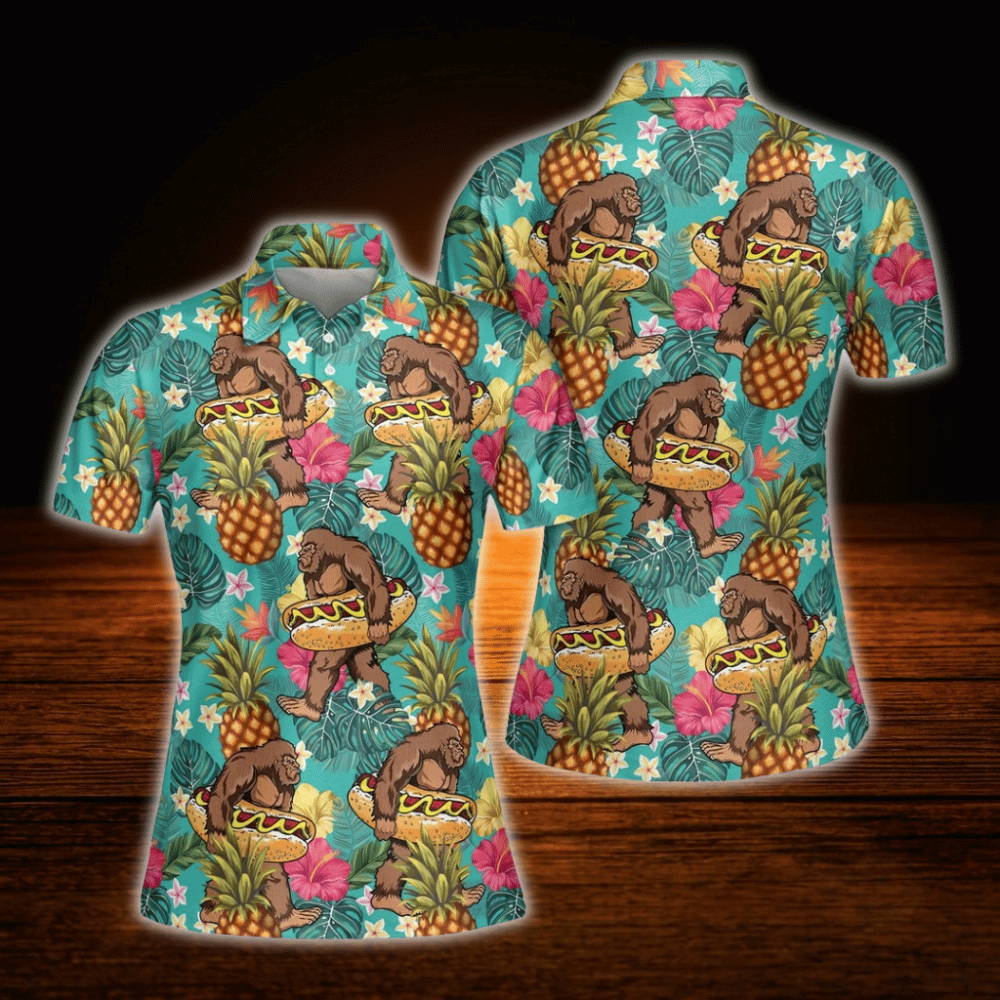 Women's Bigfoot Hotdog Golf Polo Shirt, Bigfoot Tropical Golf Shirt For Ladies