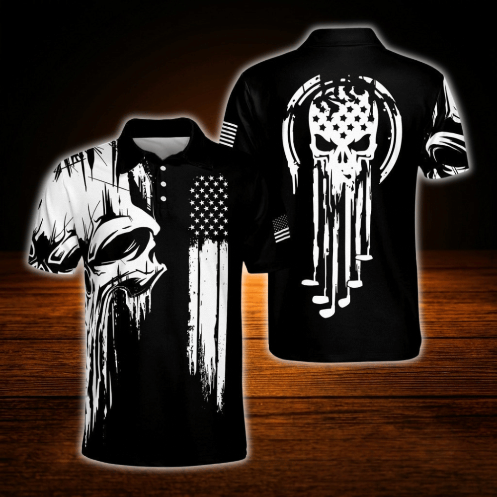Skull USA Flag Men's Black Golf Polo Shirts, Skull Golf Shirts