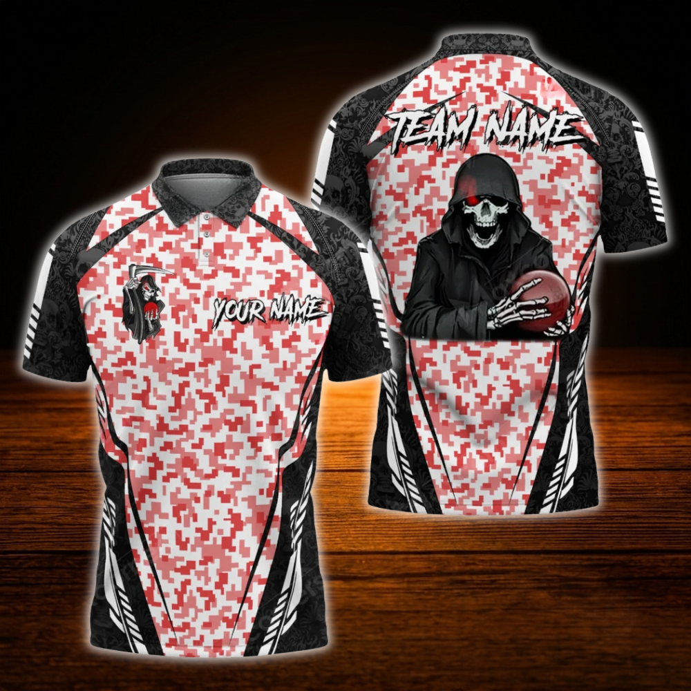 Custom Skull Camo Mens Bowling Polo Shirts, Custom Skull Team Bowling Shirts