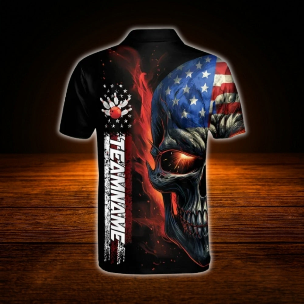 Custom Skeleton USA Flag Bowling Men Polo Shirt, Custom Skull Bowling Team Shirt