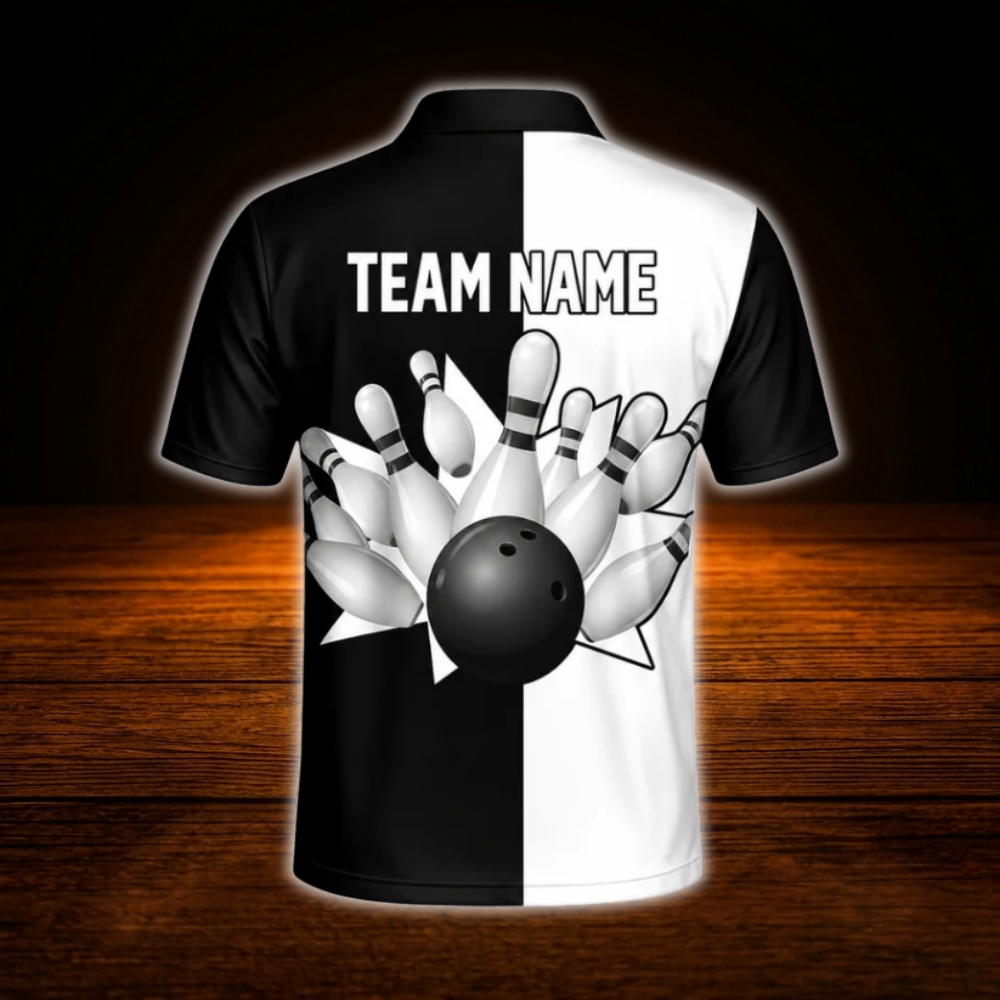 Custom Team Black And White Polo Bowling Mens Shirts, Custom Team Bowling Shirts