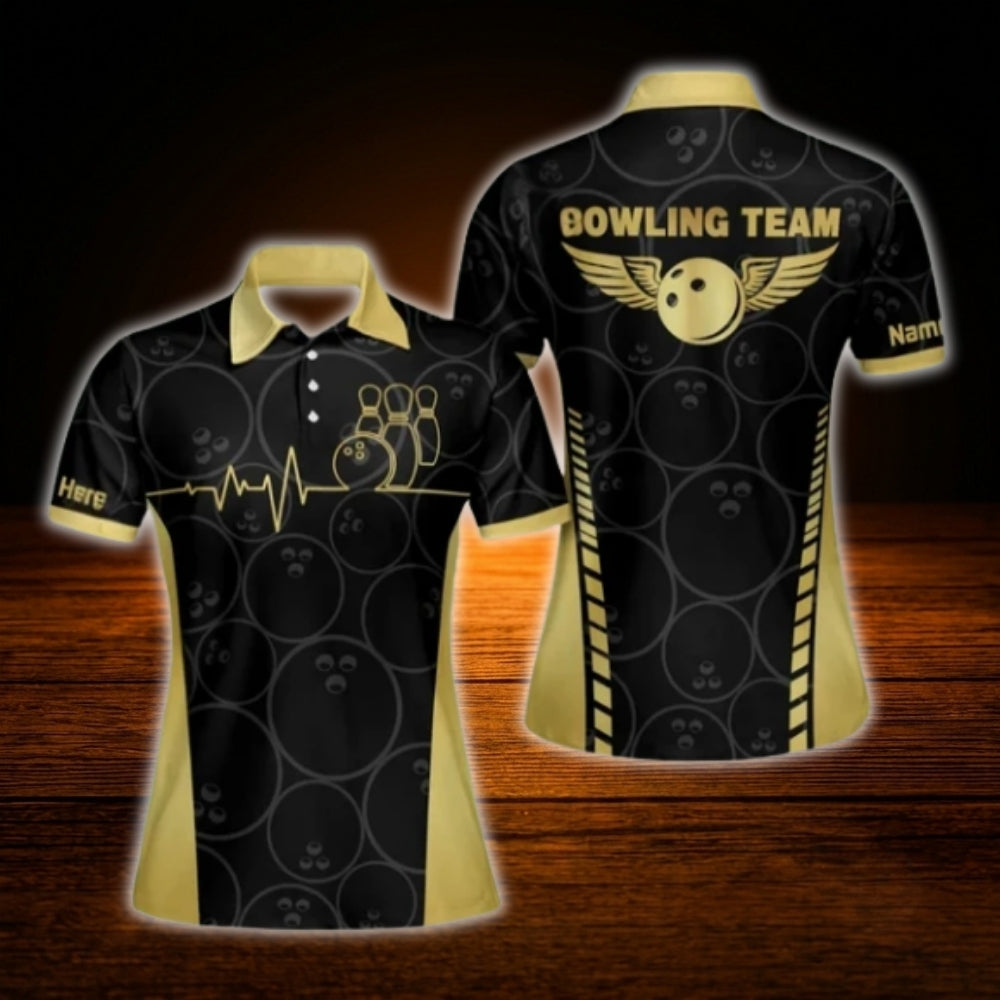 Black And Gold Custom Womens Bowling Team Shirt, Custom Bowling Shirt For Ladies