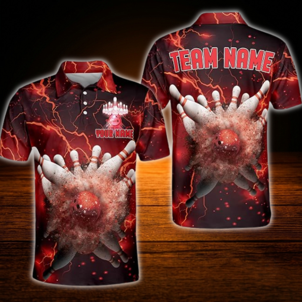 Custom Thunder Black and Blue Bowling Polo Shirts For Men, Custom Thunder Team Bowling Shirts