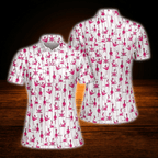 Women's Pink And White Flamingo Golf Polo Shirts, Flamingo Golf Shirts For Women