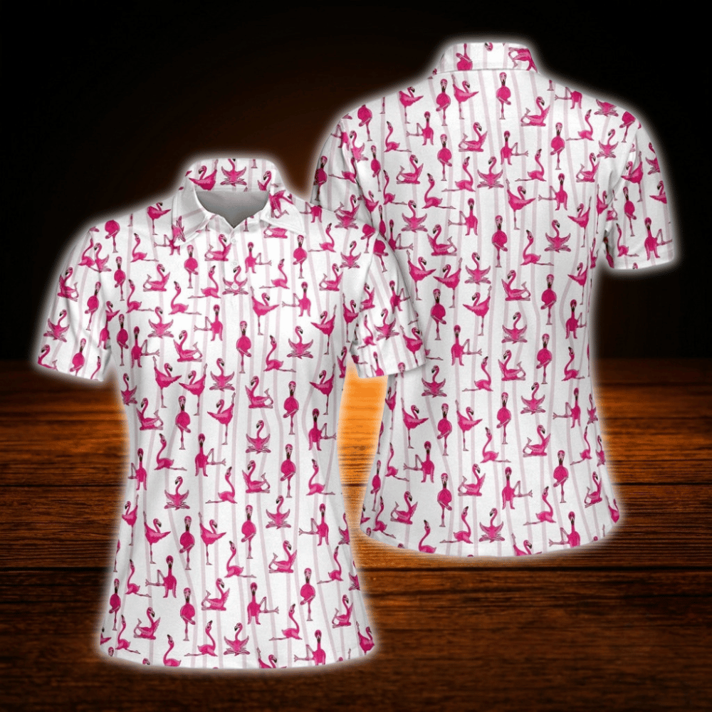 Women's Pink And White Flamingo Golf Polo Shirts, Flamingo Golf Shirts For Women