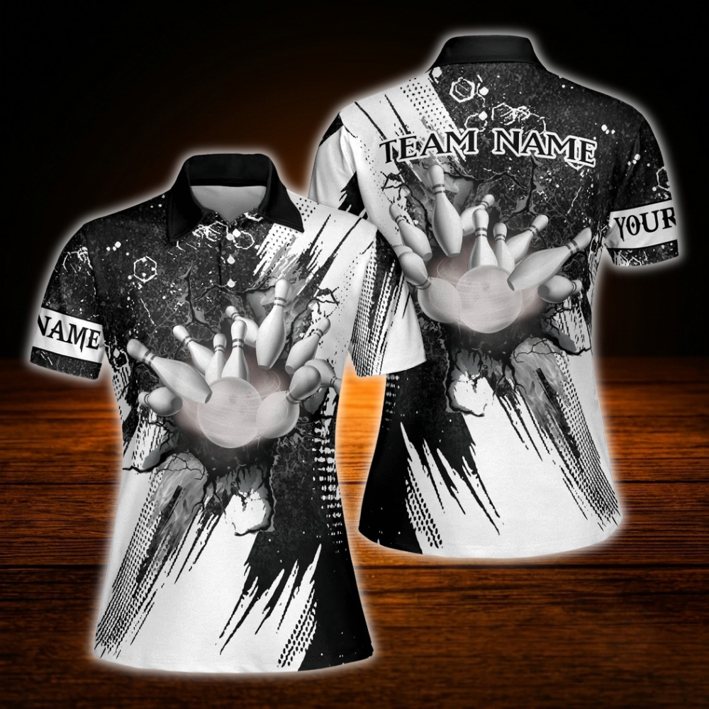 Custom Team Black And White Ladies Bowling Polo Shirts, Custom Bowling Team Shirts Women