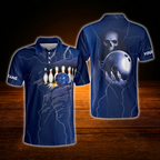 Custom Skull Navy Blue Mens Bowling Polo Shirts, Custom Skull Bowling Shirts