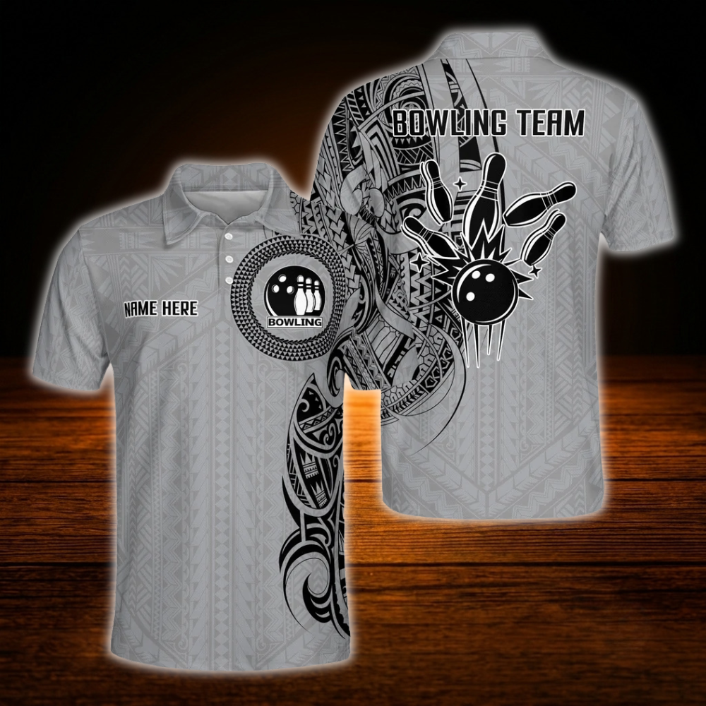 Grey Tribal Custom Bowling Polo Shirts For Men, Custom Tribal Bowling Team Shirts
