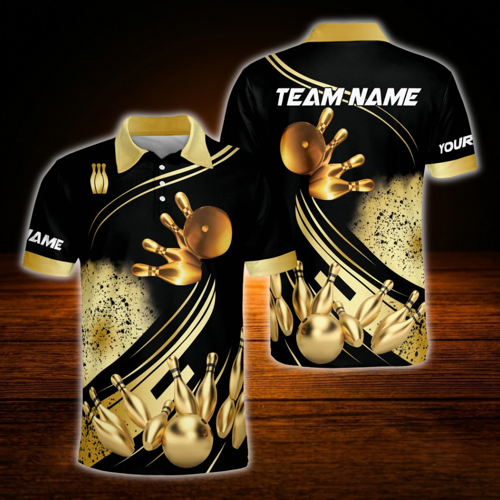 Custom Team Black And Gold Bowling Polo Shirts For Men, Custom Team Bowling Shirts