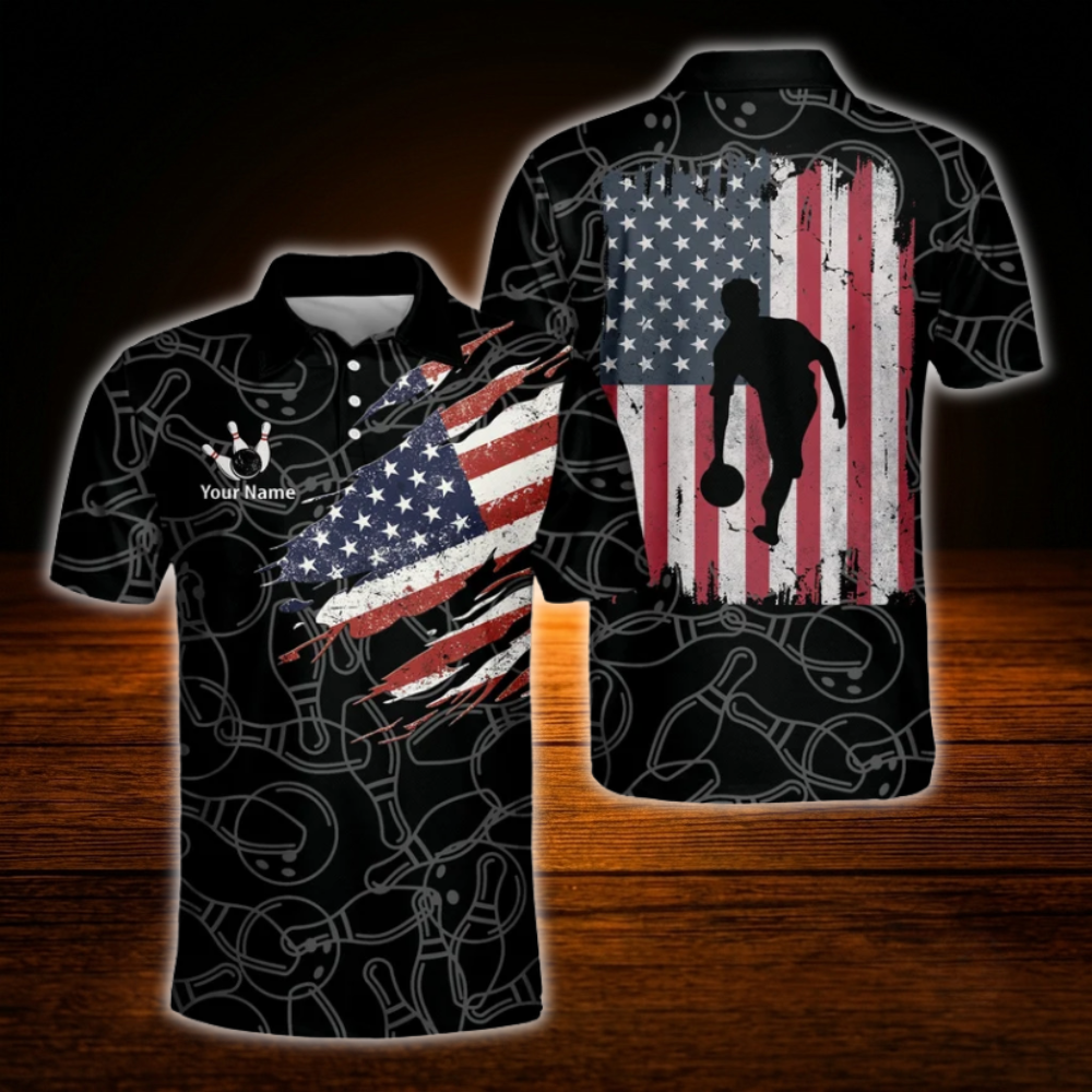 Custom American Flag Black Polo Bowling Shirts For Men, Custom Patriotic Bowling Shirts