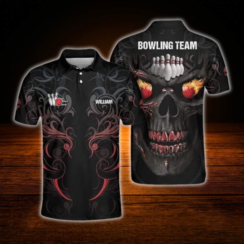 Custom Skull Flame Ball Bowling Mens Polo Shirts, Custom Skull Bowling Team Shirts