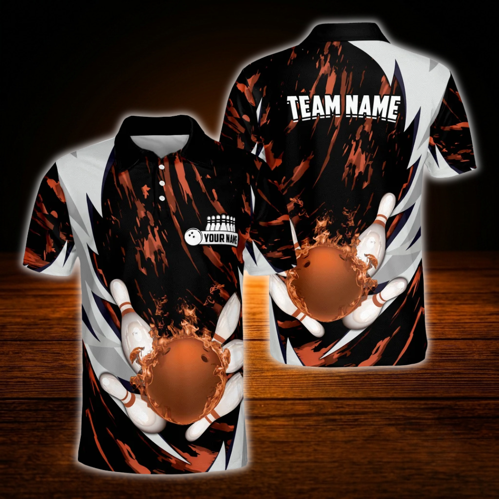 Blue Flame Pin Custom Bowling Polo Shirts Mens, Custom Flame Bowling Team Shirts