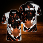 Blue Flame Pin Custom Bowling Polo Shirts Mens, Custom Flame Bowling Team Shirts