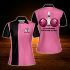 Custom Get Your Mind Out Of The Gutter Black And Pink Bowling Polo Shirts For Women, Custom Funny Bowling Shirts For Women